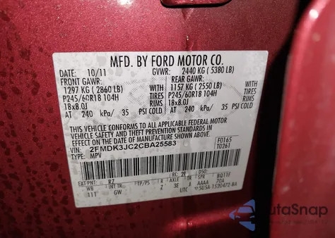 2012 Ford Edge Sel from USA, damaged, VIN 2FMDK3JC2CBA25583